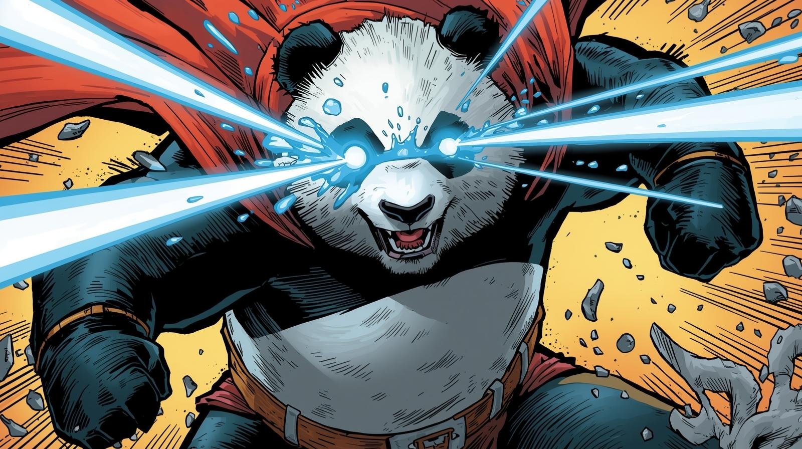 Panda supereroe con raggi laser dagli occhi