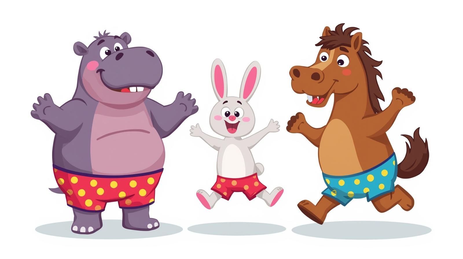 Ippopotamo, coniglio e cavallo in costume da bagno