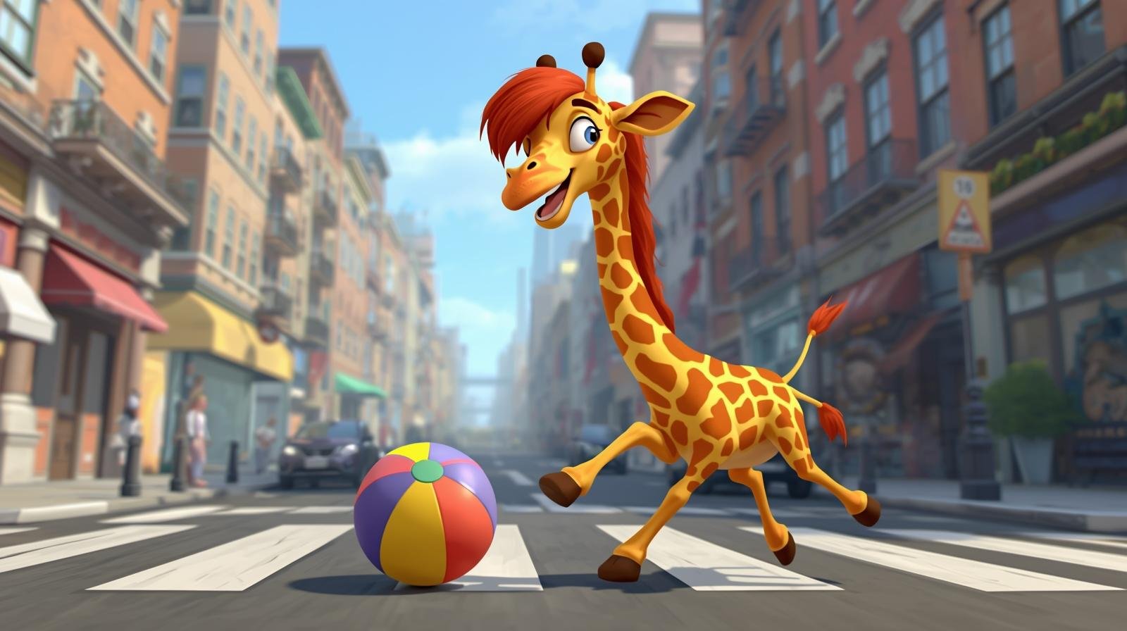 Giraffa dai capelli rossi in città