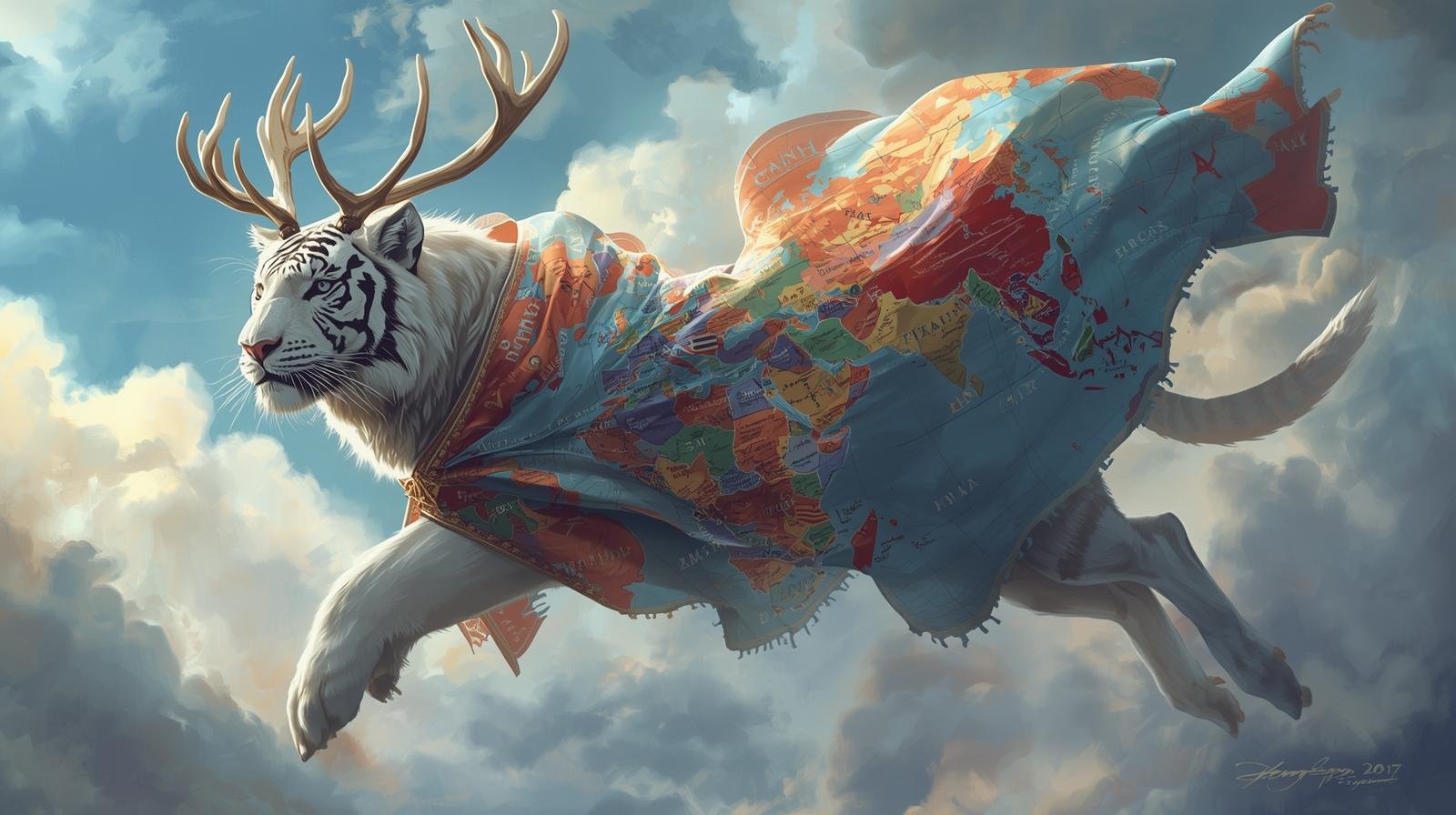 Tigre bianca con corna di cervo avvolta in un atlante geografico