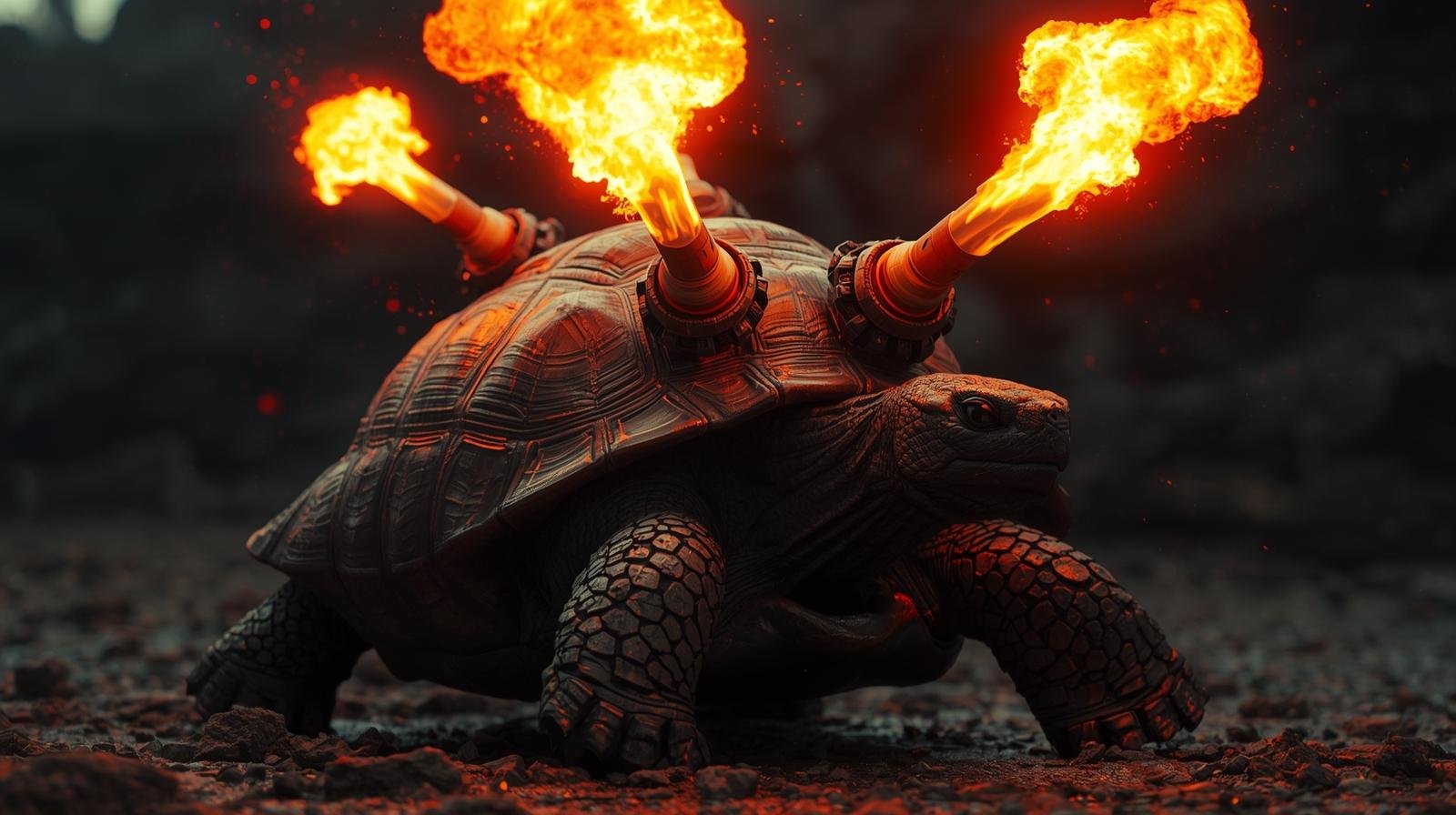 Tartaruga con lanciafiamme sul dorso